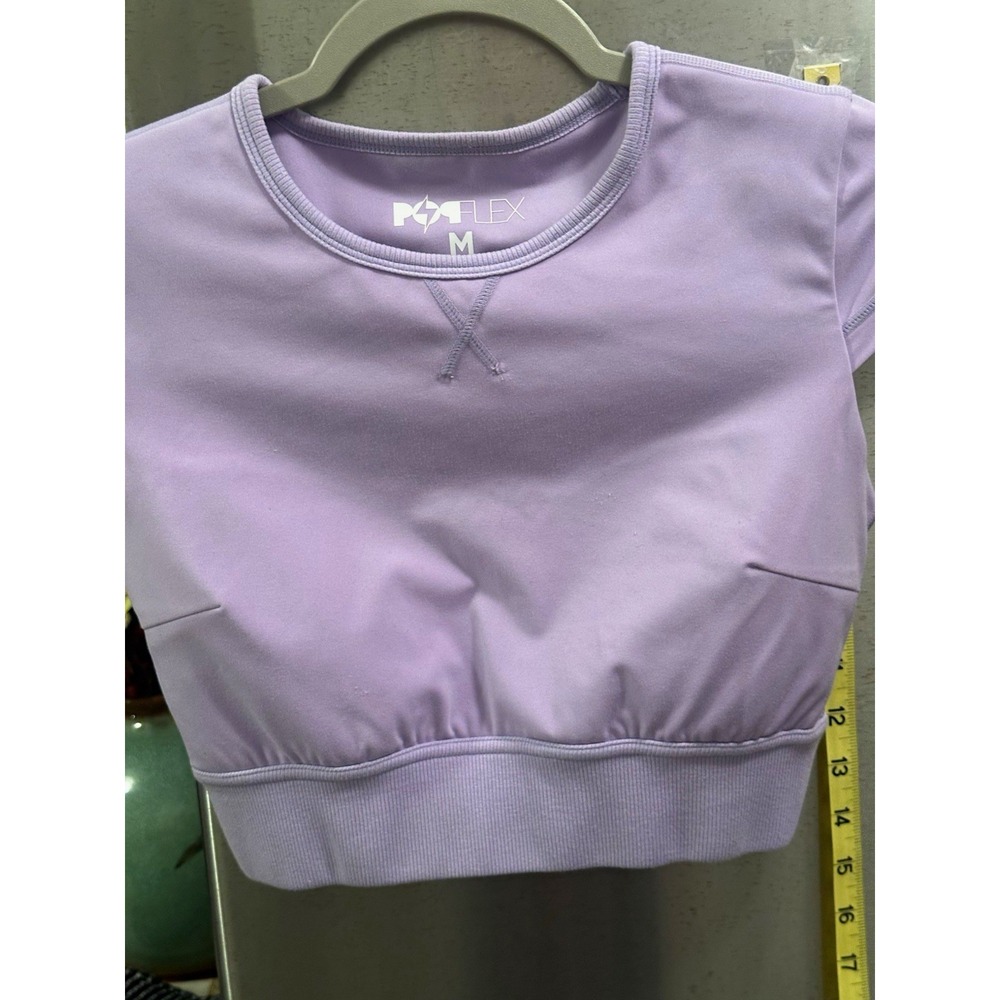 POP FLEX Magical Women's Purple Cropped Short Sleeve Crew Neck Stretch Tee Sz M
